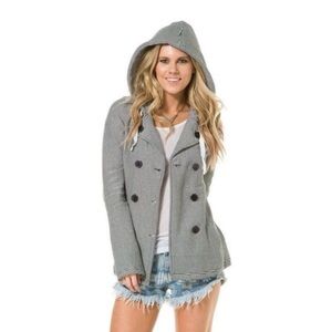Roxy - The Cuddle Hooded Gray Striped Pea Coat Sweatshirt Jacket